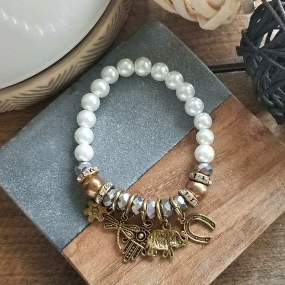 White Pearl Charm Bracelet